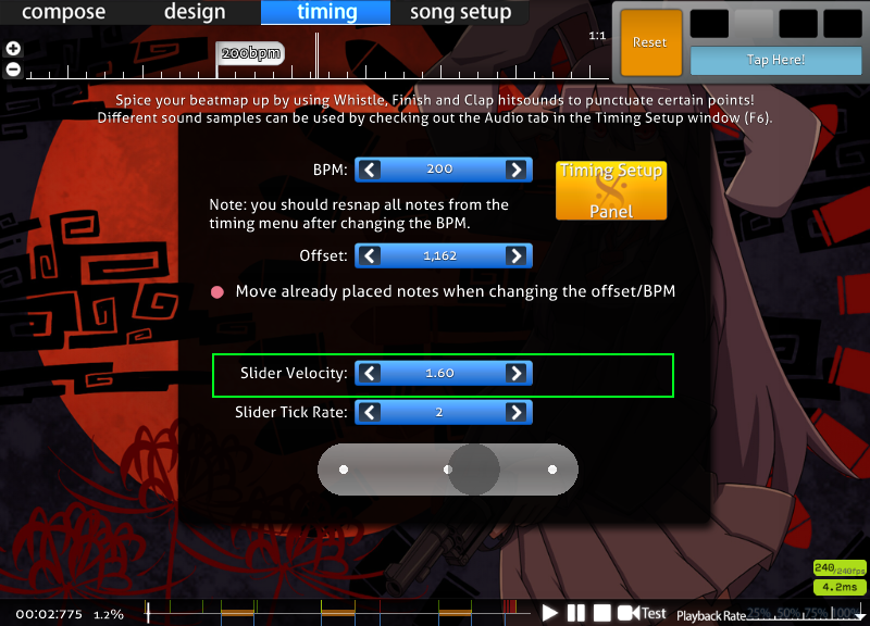 Picture indicating where the "slider velocity" setting is in the map editor